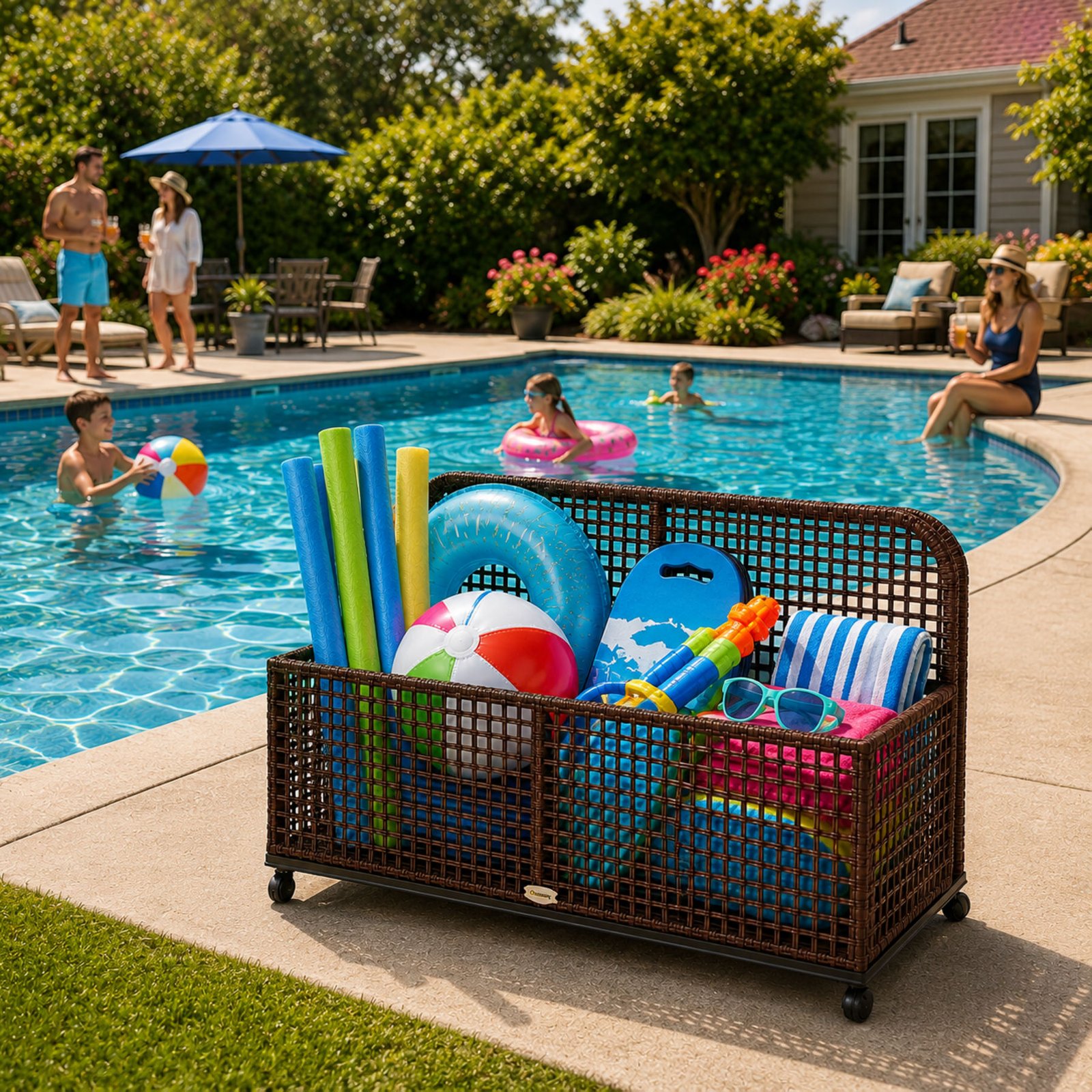 Brown rattan pool float storage cart with wheels filled with pool toys beside a backyard swimming pool