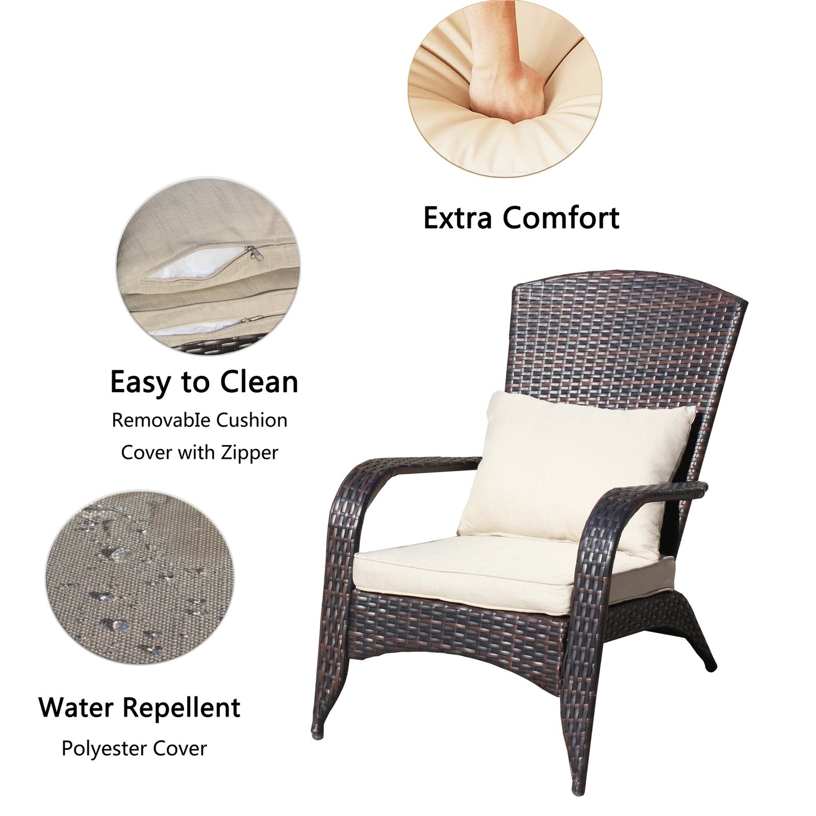A product detail infographic of the brown wicker chair with a beige cushion, with text: "Extra Comfort. Easy to Clean Removable Cushion Cover with Zipper. Water Repellent Polyester Cover."