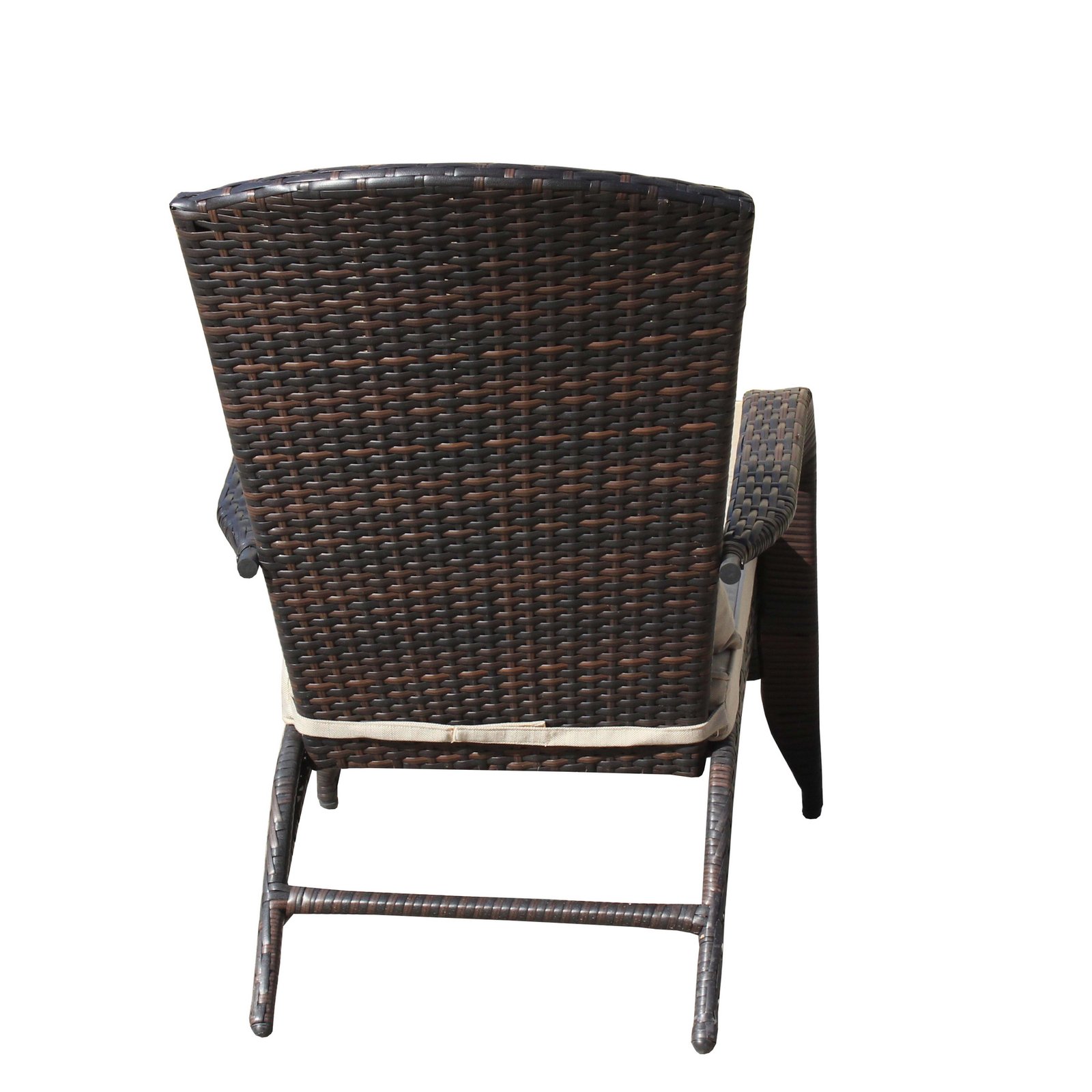 The back view of the brown wicker patio chair with beige cushions, showcasing the high-quality hand-woven PE rattan and tall backrest structure.