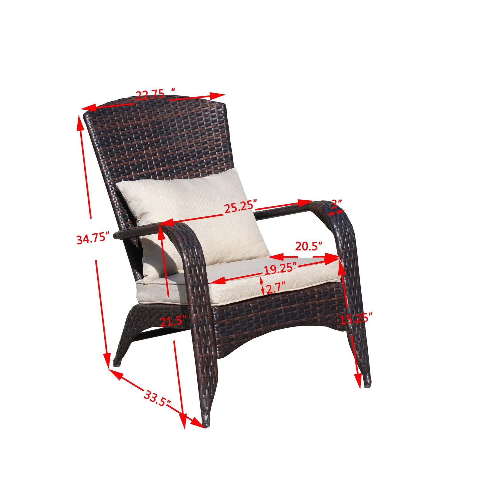 A detailed dimensions chart of the brown wicker patio chair with beige cushions, showing exact height, width, and the 2.38-inch seat cushion thickness.