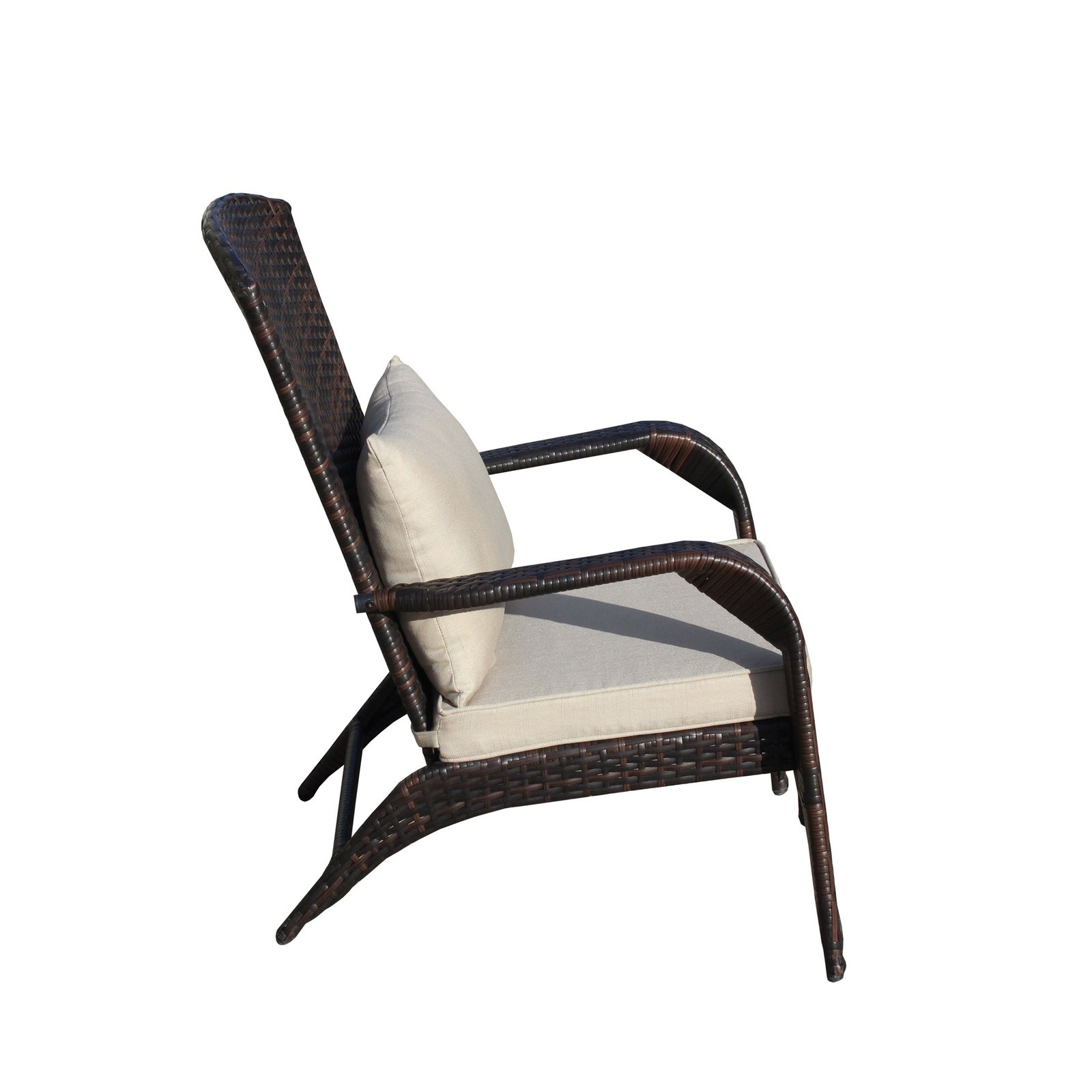 A side view of the brown wicker patio armchair with comfortable beige seat and back cushions, showcasing its ergonomic curved tall backrest.
