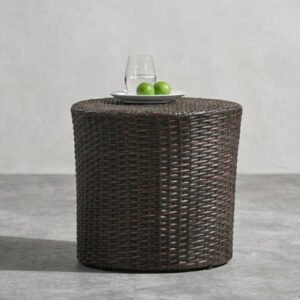 A classic barrel-shaped wicker outdoor end table in a warm brown finish, showcasing its timeless round silhouette and neat wicker weave.