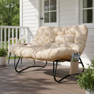 Curved wicker loveseat bench with beige cushions and magazine pockets on a covered American patio
