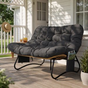 curved-wicker-loveseat-bench-dark-gray-cushion Curved wicker loveseat bench with dark gray cushions and magazine pockets on an American front porch