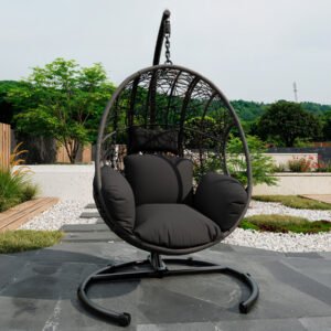 dark-gray-rattan-u-base-hanging-egg-chair-patio-swing Heavy-duty U-base hanging egg chair in dark gray PE rattan with a plush matching cushion on a modern outdoor wooden deck.