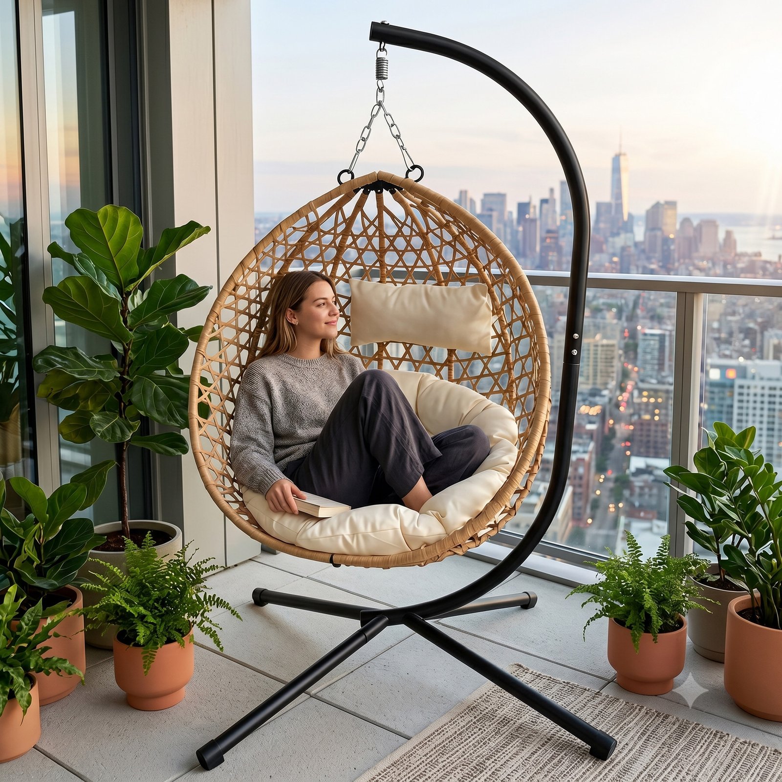 Beige and yellow foldable hanging egg chair with HDPE rattan and cushion on balcony, woman sitting reading a book, looking into the distance