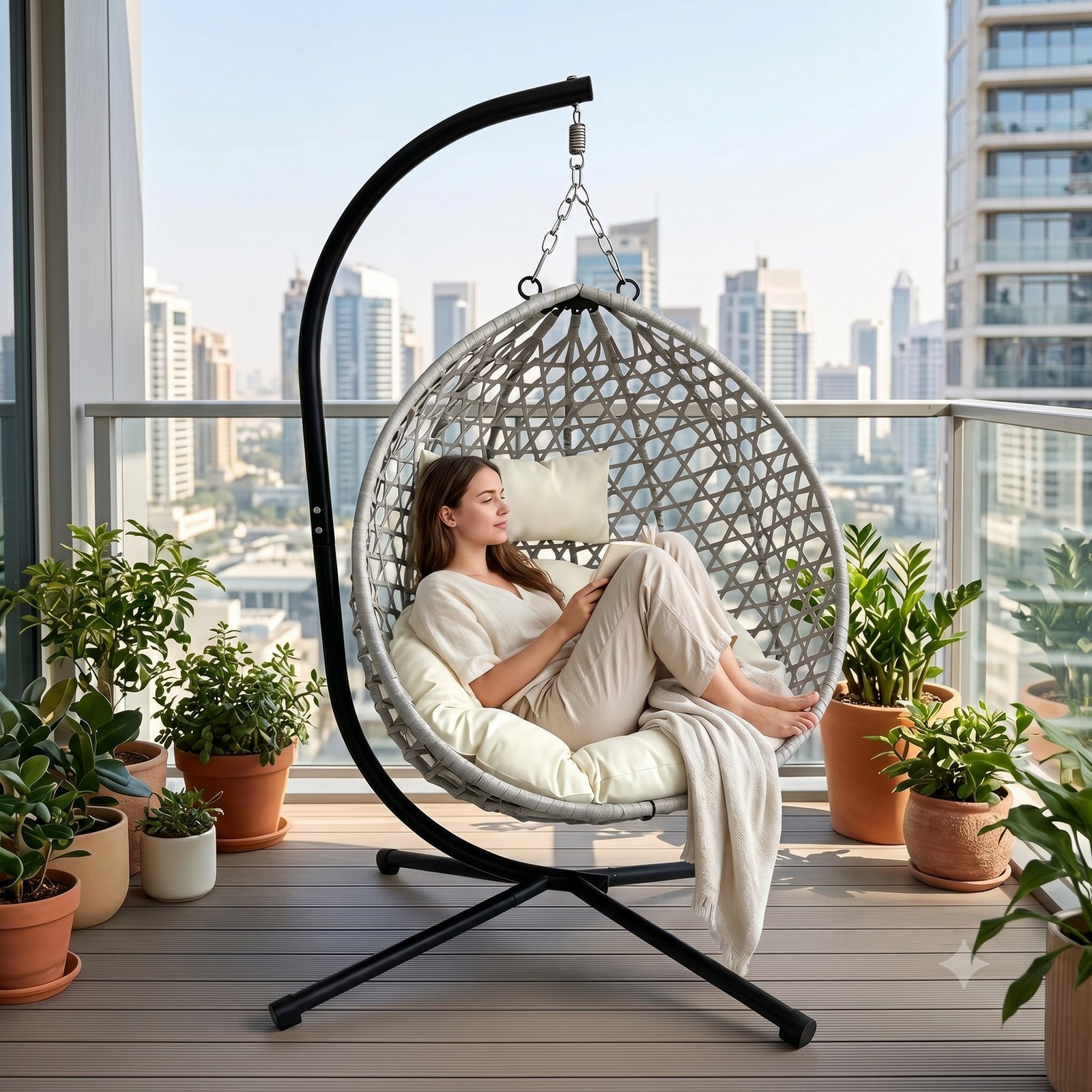 Gray foldable hanging egg chair with HDPE rattan and cushion on balcony, woman resting and napping