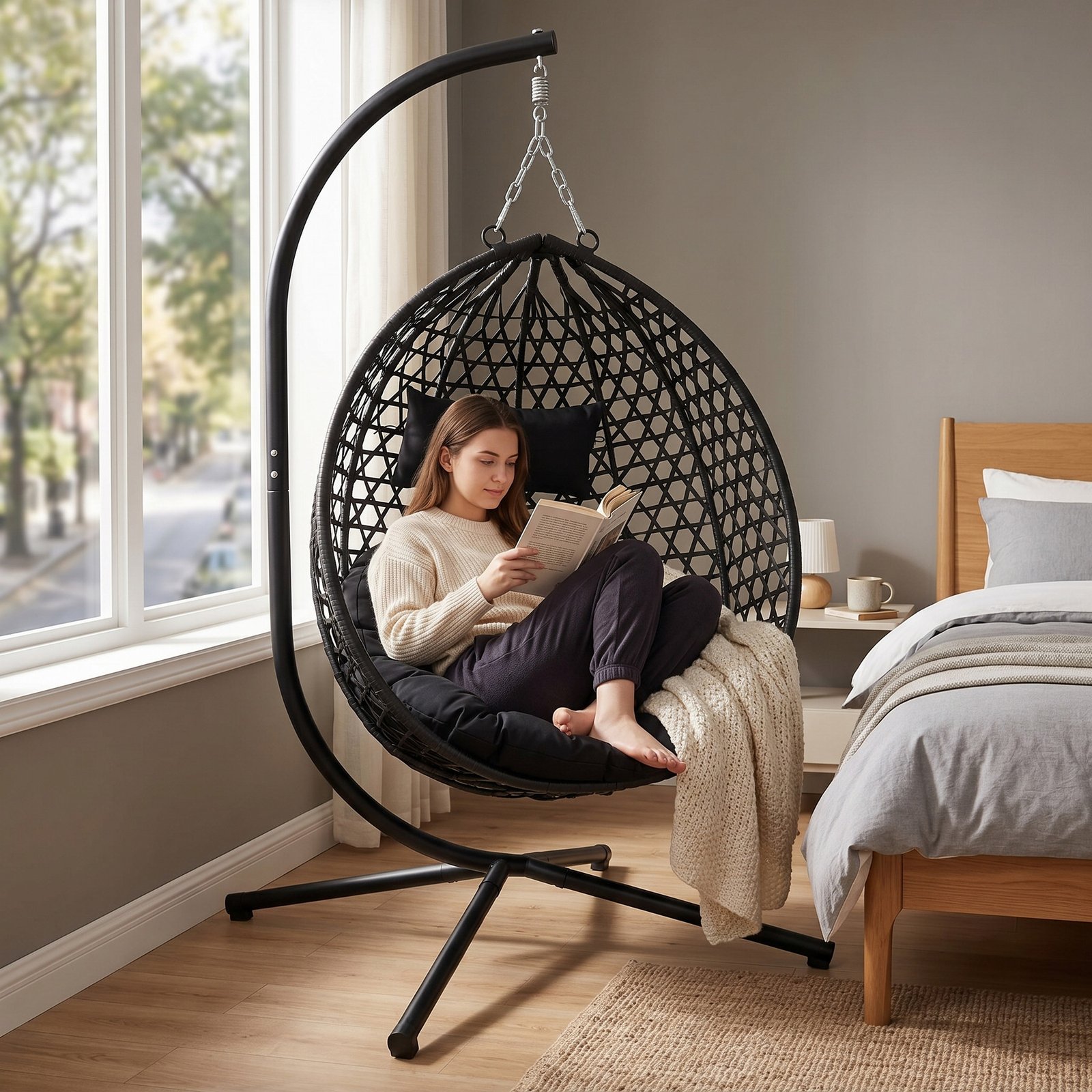 Foldable hanging egg chair with black HDPE rattan frame and black cushion in indoor setting, woman reading a book