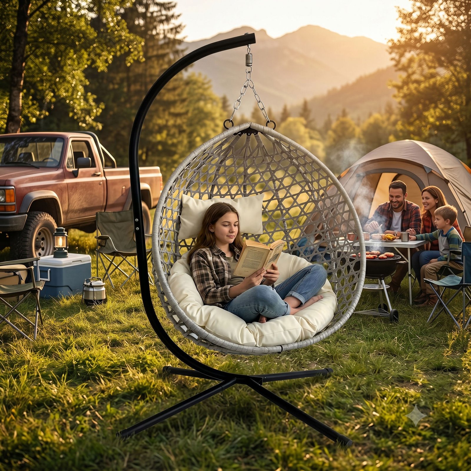 Foldable hanging egg chair with stand used at a campsite, showcasing its portable and space-saving design