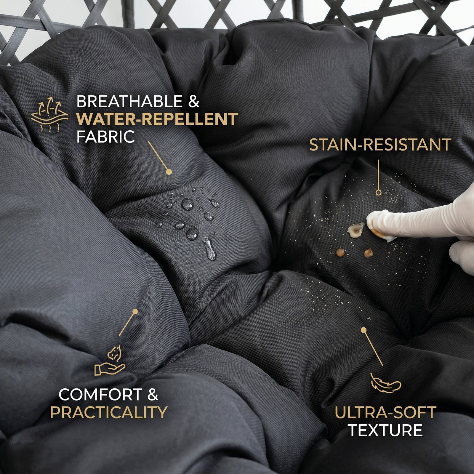 Close-up of foldable hanging egg chair cushion with breathable water-repellent fabric and ultra-soft texture