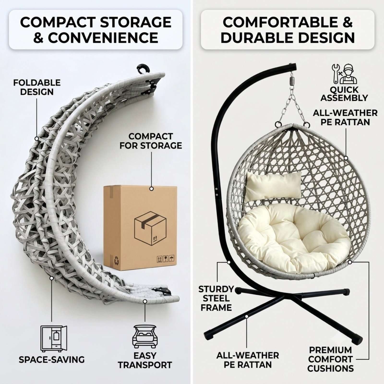 Foldable hanging egg chair with stand highlighting foldable design, all-weather HDPE rattan, premium cushions, sturdy steel frame, and space-saving storage