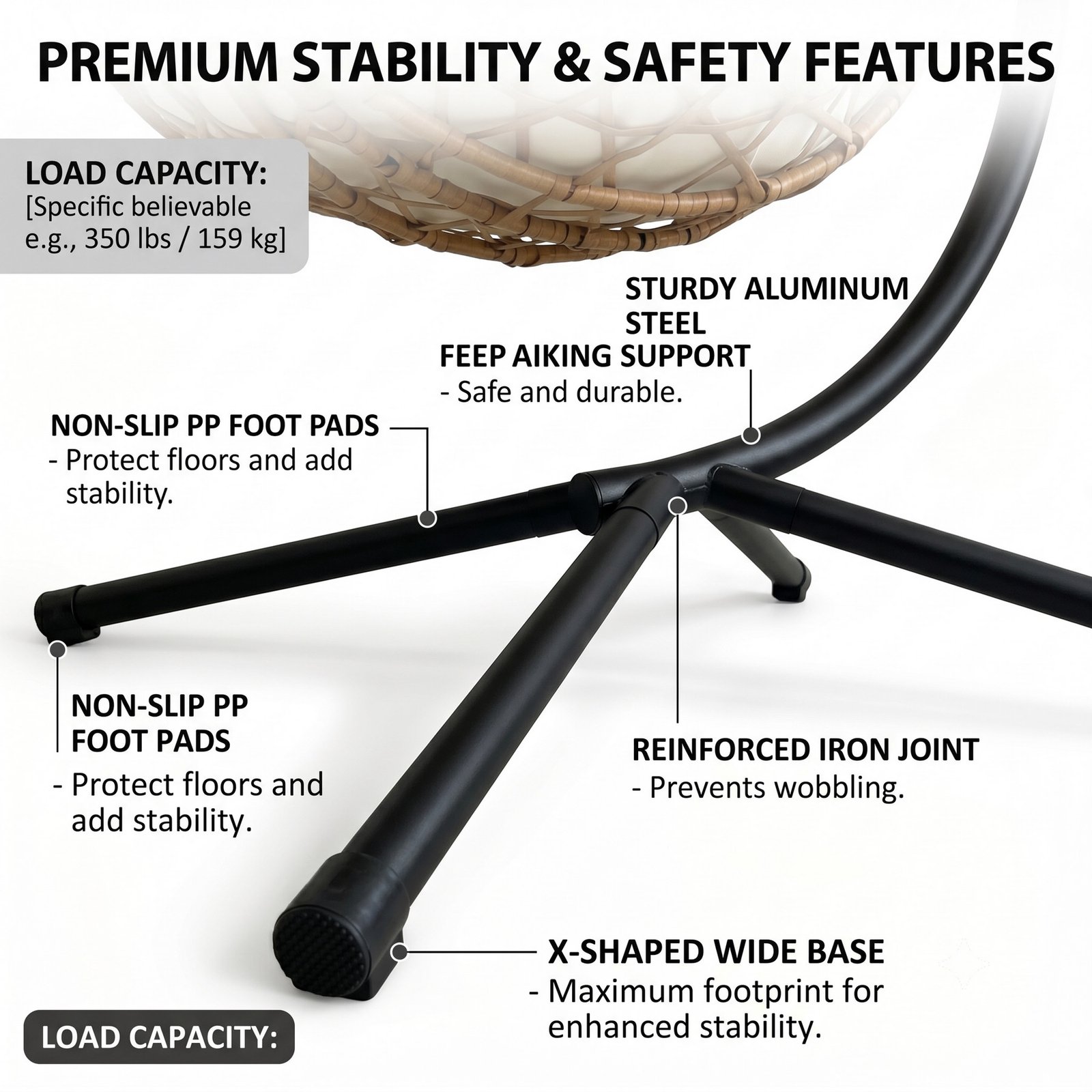 Close-up of foldable hanging egg chair stand with reinforced steel frame, wide base, and non-slip foot pads