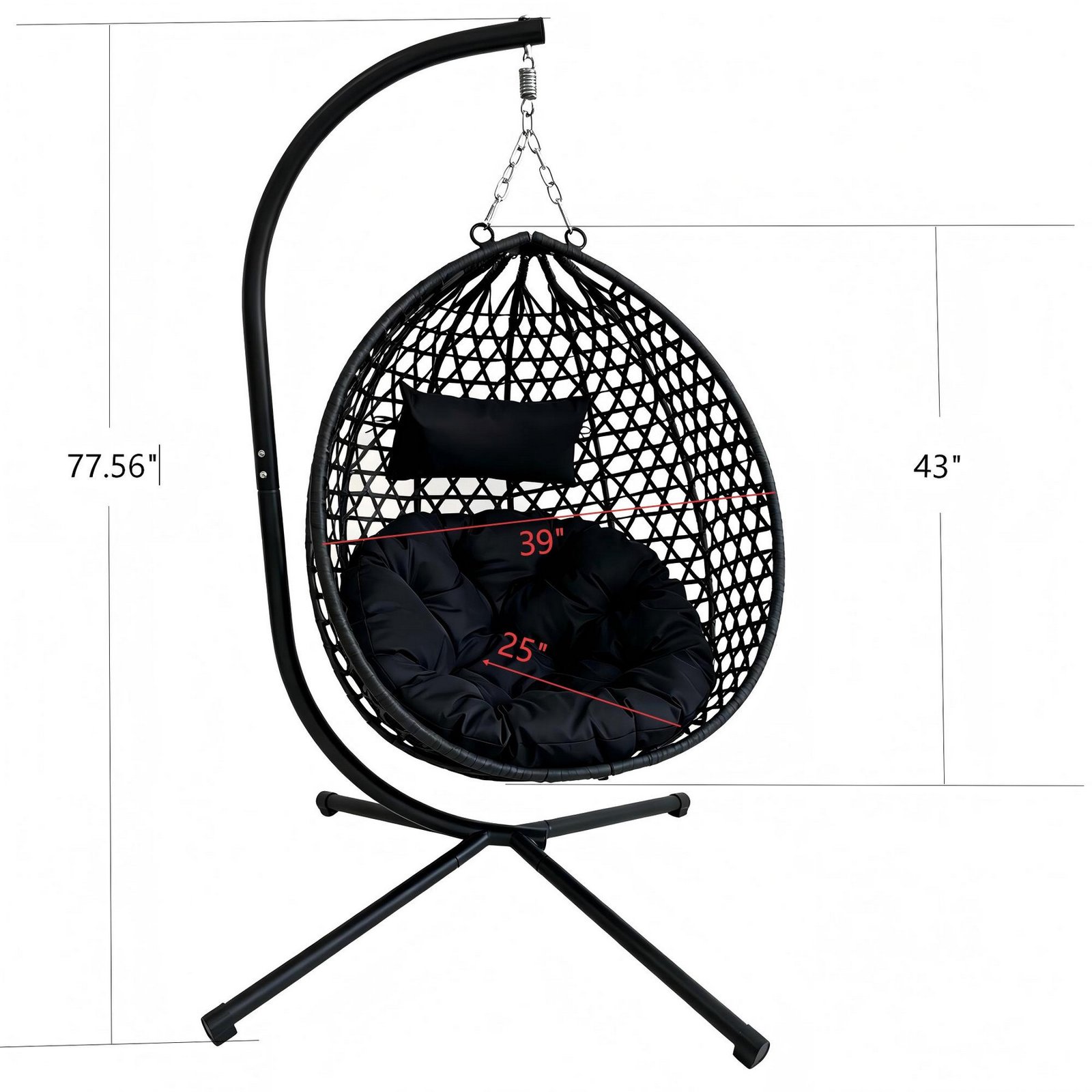 Foldable hanging egg chair with stand dimensions and size guide for patio and indoor spaces