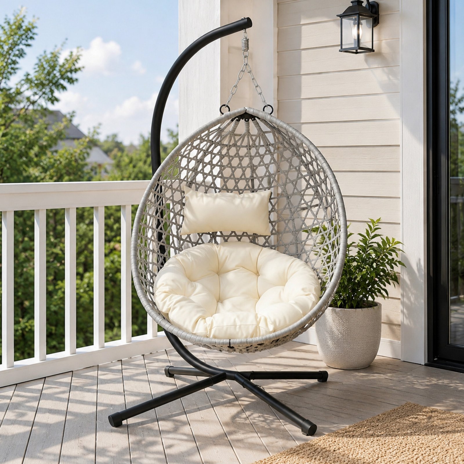 Gray HDPE rattan foldable hanging egg chair with beige cushion on a modern American patio