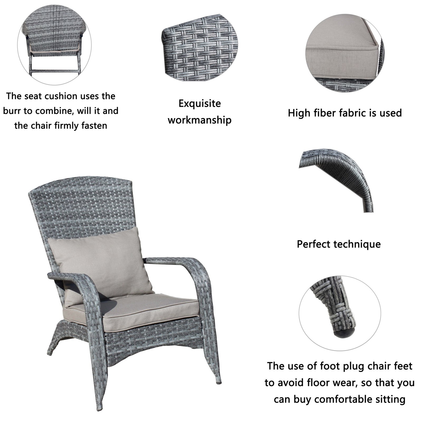 A product details infographic of the gray wicker chair with text highlighting its exquisite workmanship, high fiber fabric, a seat cushion combined with burr fasteners to firmly fasten, and foot plugs to avoid floor wear.