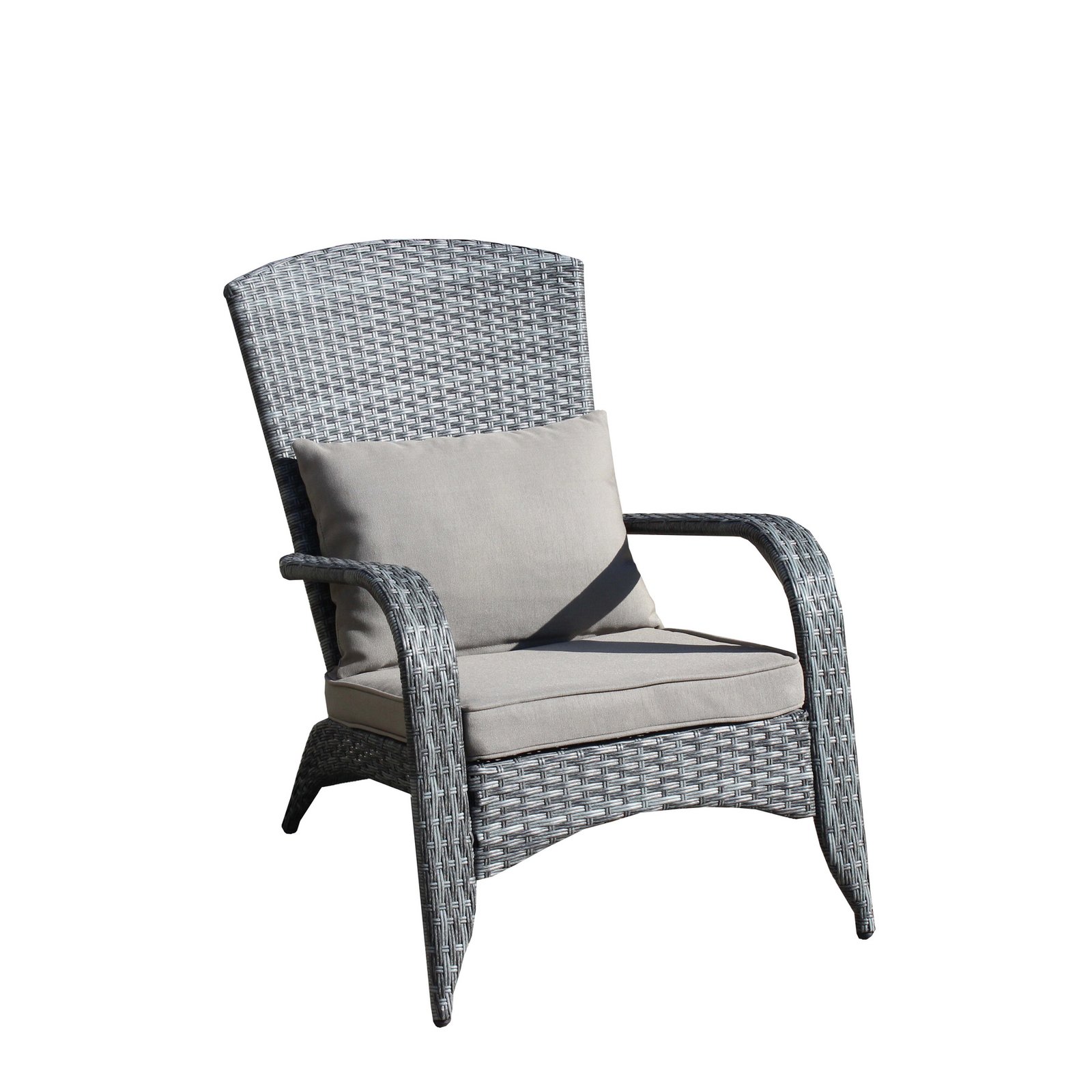 A three-quarter perspective view of the gray wicker patio accent chair with plush gray cushions, showcasing its overall depth, comfortable seat width, and high backrest.
