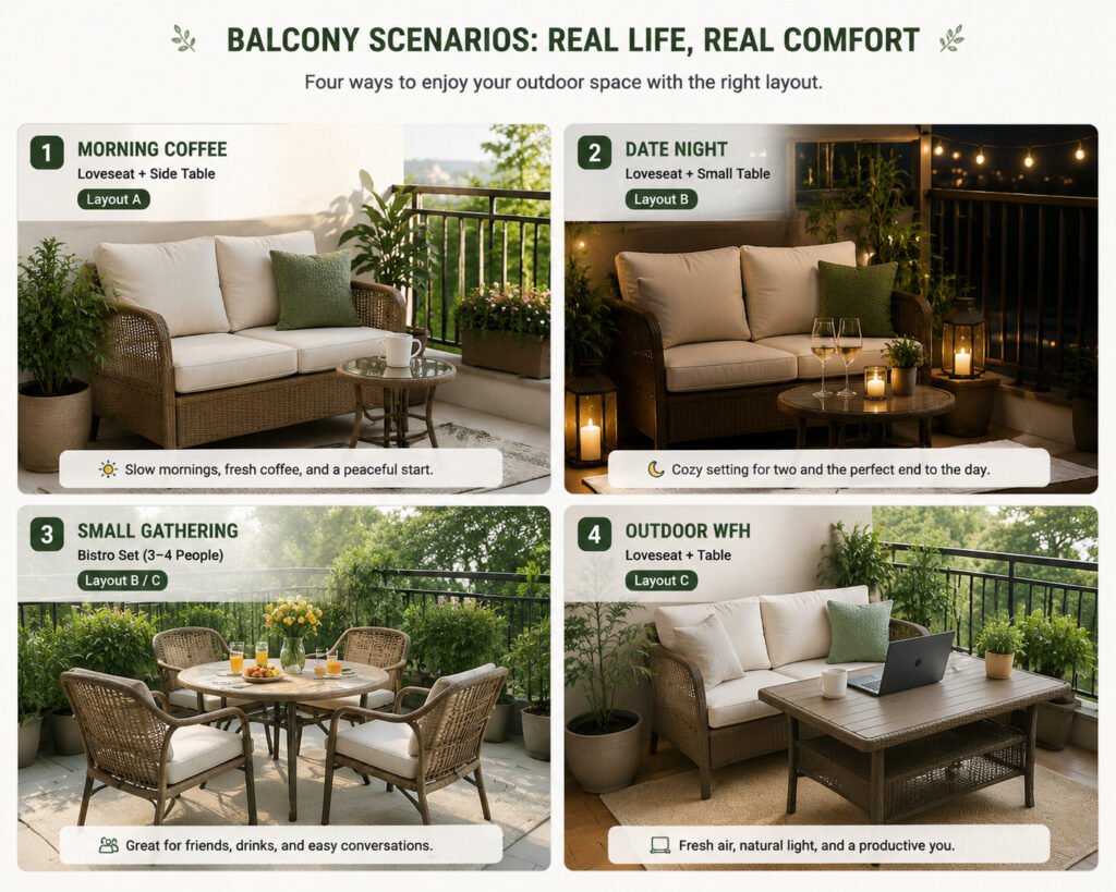 PE rattan balcony setups: morning coffee, date night, small gathering, outdoor work