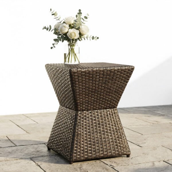 A modern cube-shaped wicker outdoor end table in rich brown, showcasing its neat square silhouette and flat woven surface.