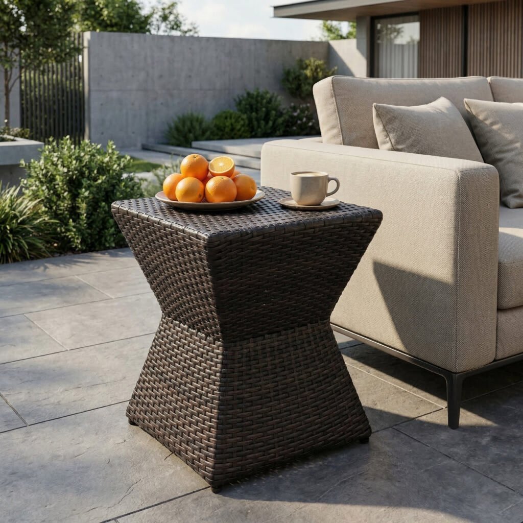 A lifestyle view of the modern cube brown wicker outdoor end table placed next to a patio sofa, holding a fresh fruit platter and a cup of coffee.