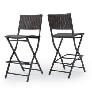 Outdoor foldable wicker barstools set of 2 in brown multi color with durable steel frame, white background