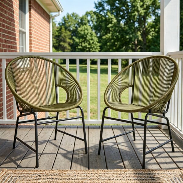 set of 2 outdoor wicker club chairs in green PE rattan with black iron frame