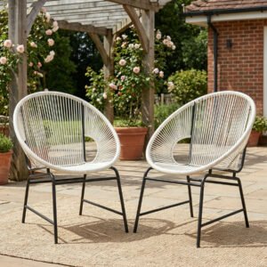 set of 2 outdoor wicker club chairs in white PE rattan with black iron frame