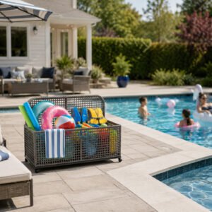 outdoor wicker pool float storage cart beside backyard swimming pool with pool toys and towels