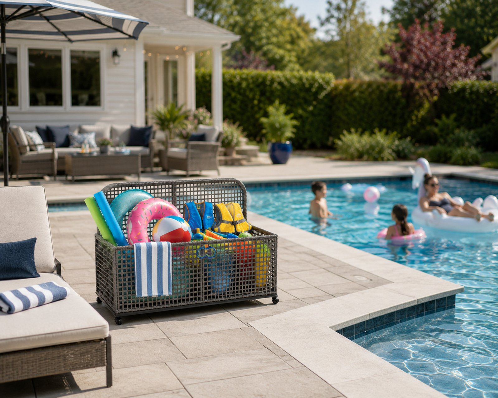 outdoor wicker pool float storage cart beside backyard swimming pool with pool toys and towels
