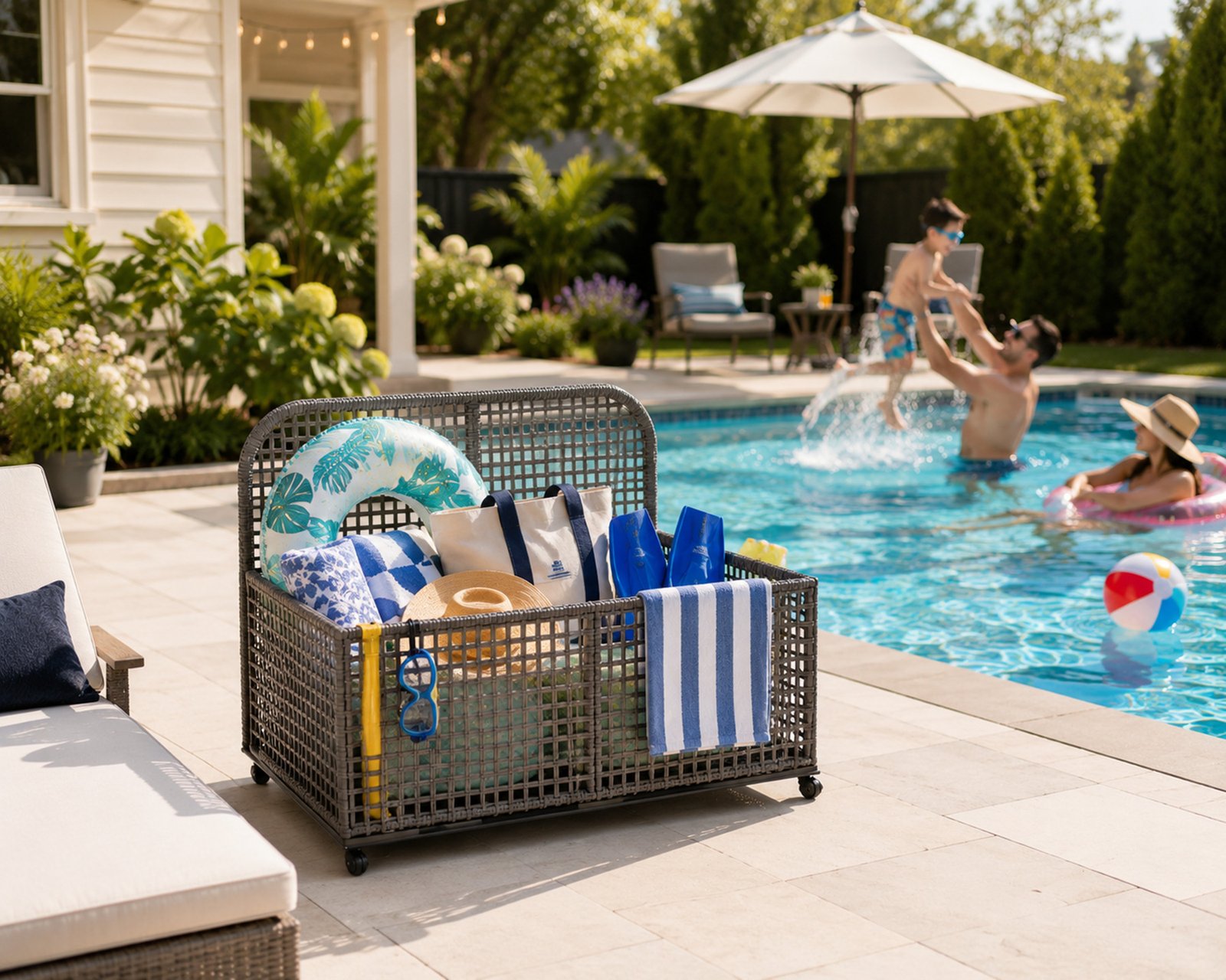 outdoor wicker pool float storage cart beside backyard swimming pool with towels pool floats and family activity