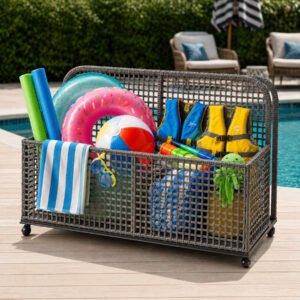outdoor wicker pool float storage cart with wheels in light gray rattan