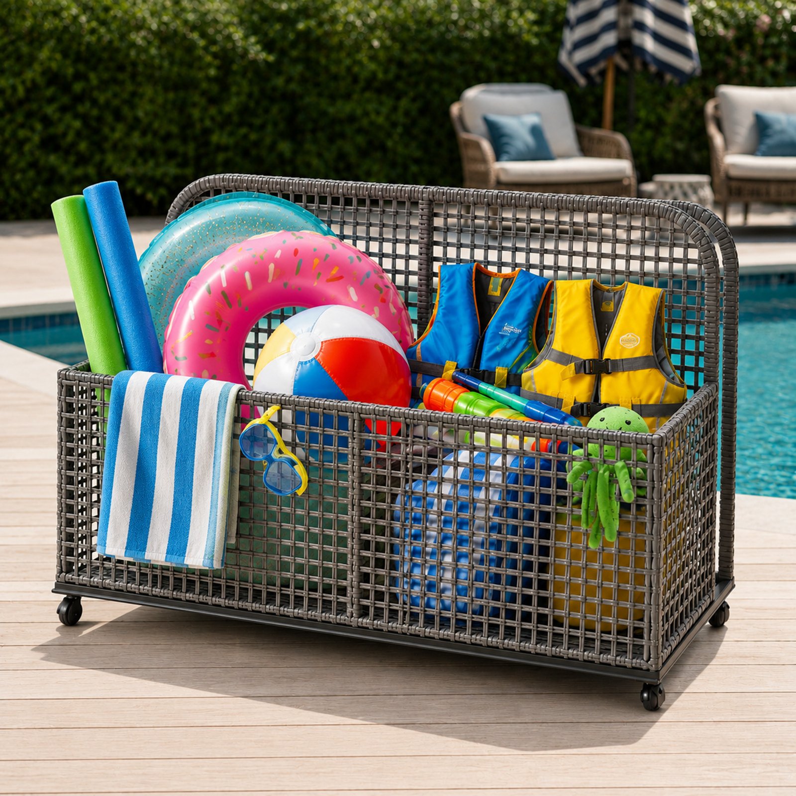 outdoor wicker pool float storage cart with wheels in light gray rattan