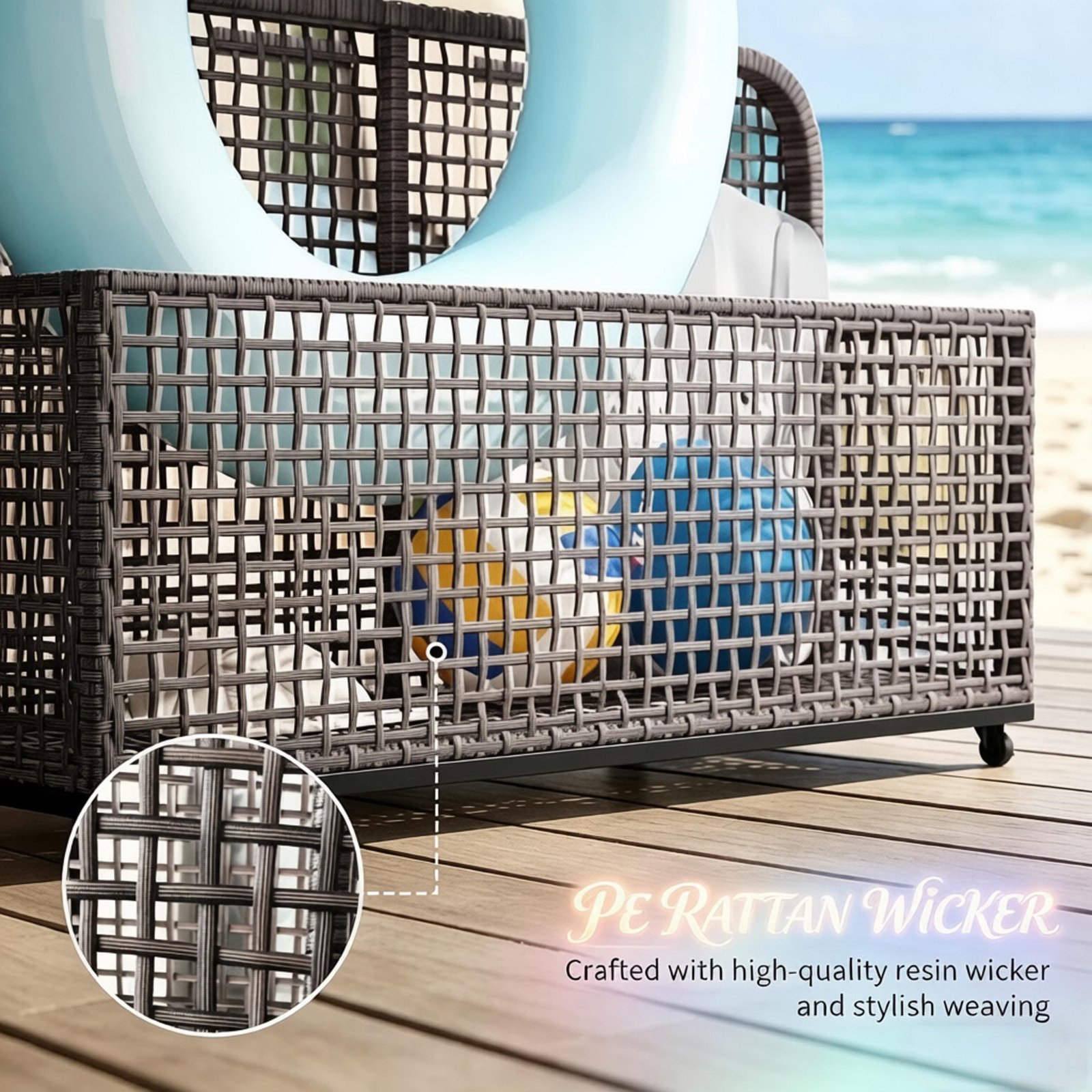 close up of PE rattan wicker on outdoor pool float storage cart
