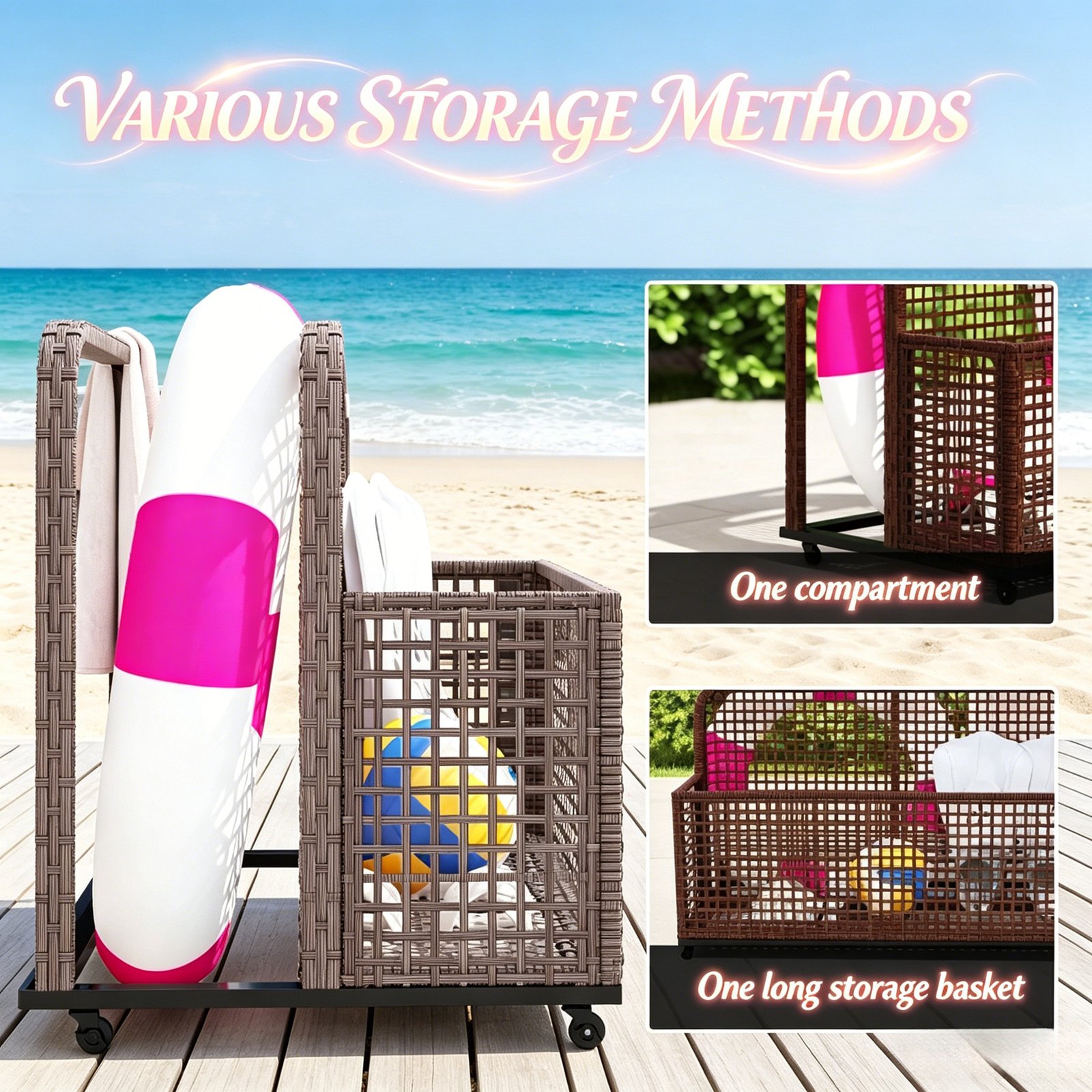outdoor wicker pool float storage cart with compartment and long storage basket