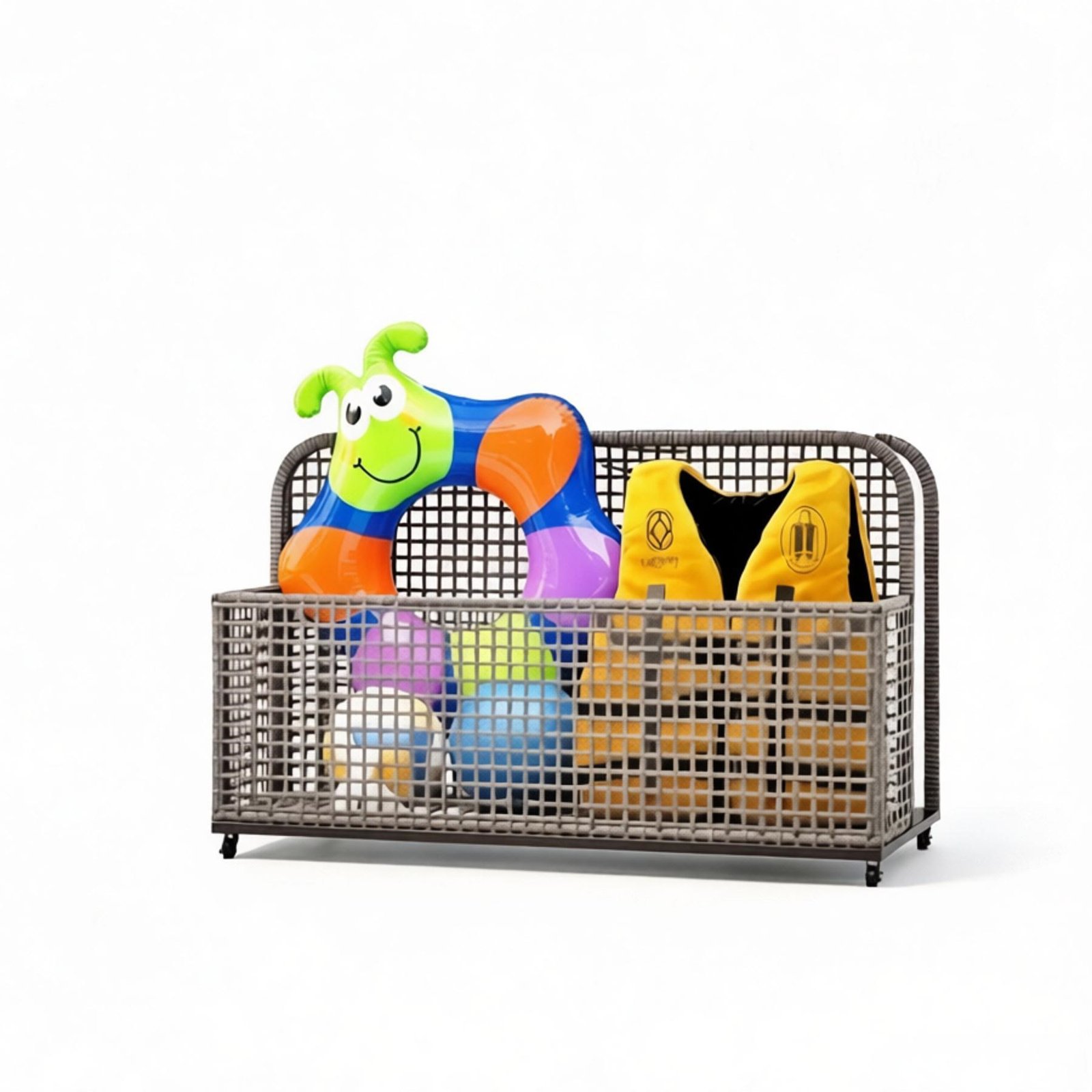 outdoor wicker pool float storage cart on white background