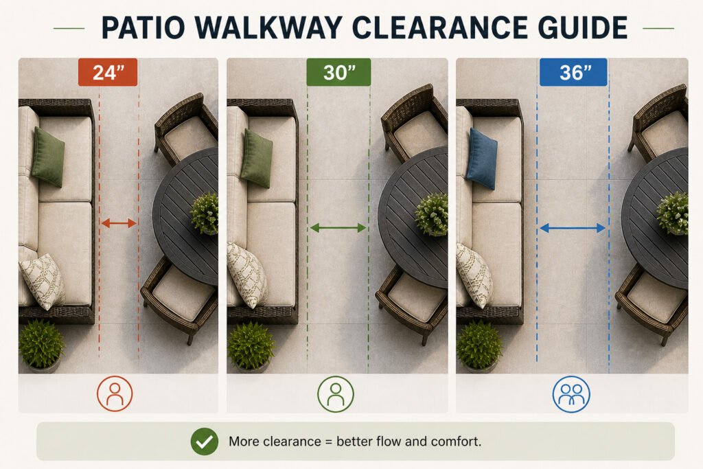 patio walkway clearance comparison 24 vs 30 vs 36 inches showing furniture spacing and movement flow