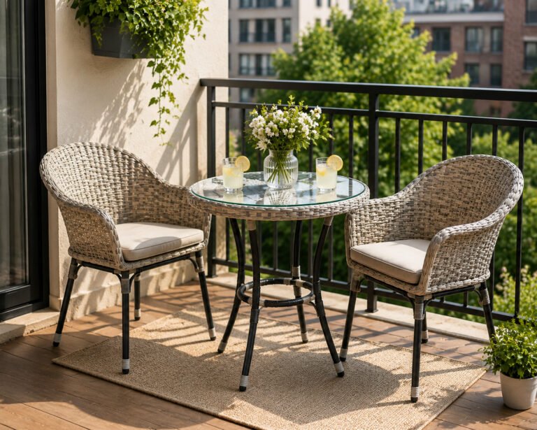 PE Rattan 3-piece bistro set on a small urban balcony with two chairs and a round table holding drinks and flowers