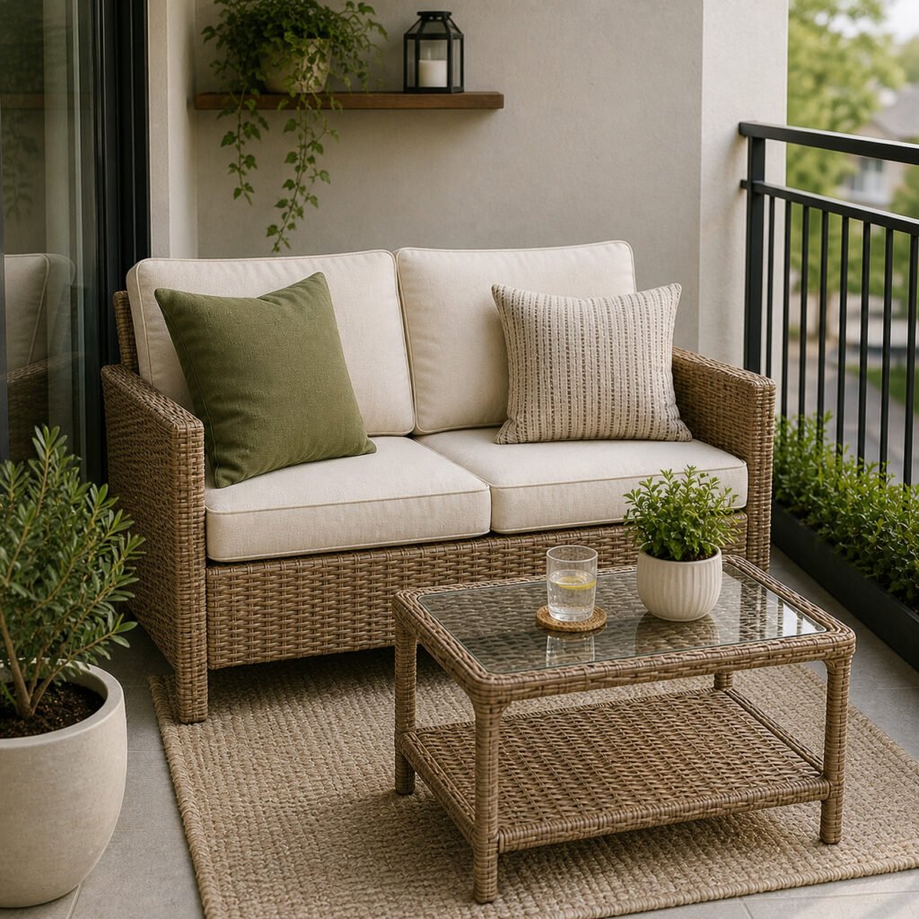 rattan loveseat with small coffee table on a cozy balcony patio setup for small outdoor living space