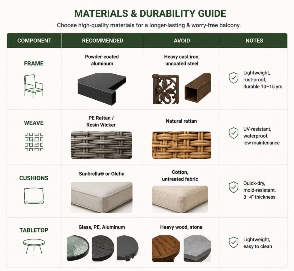 Material comparison for rattan outdoor furniture: frame, weave, cushions, tabletop.