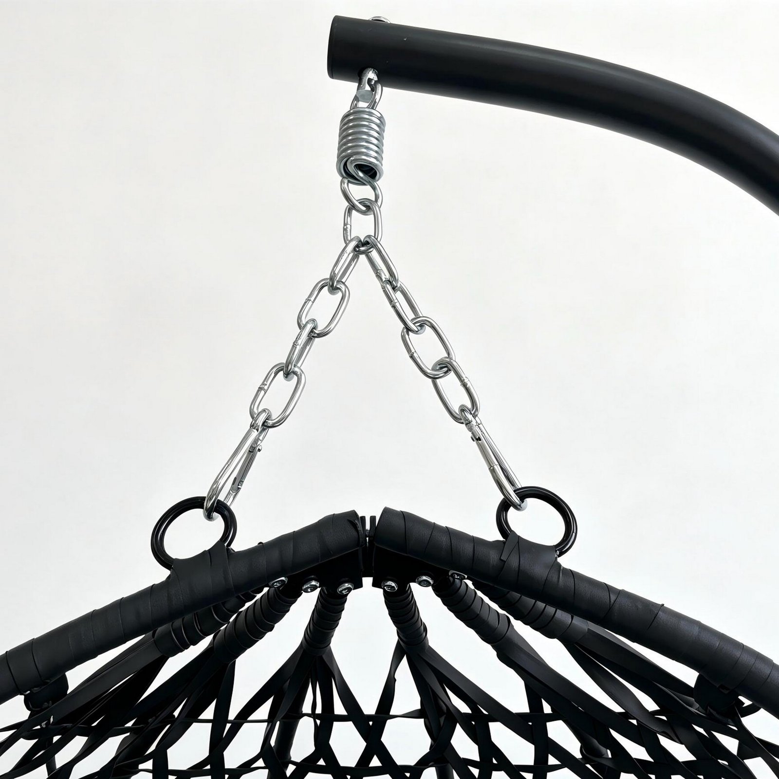 Reinforced suspension system detail on foldable hanging egg chair with stand