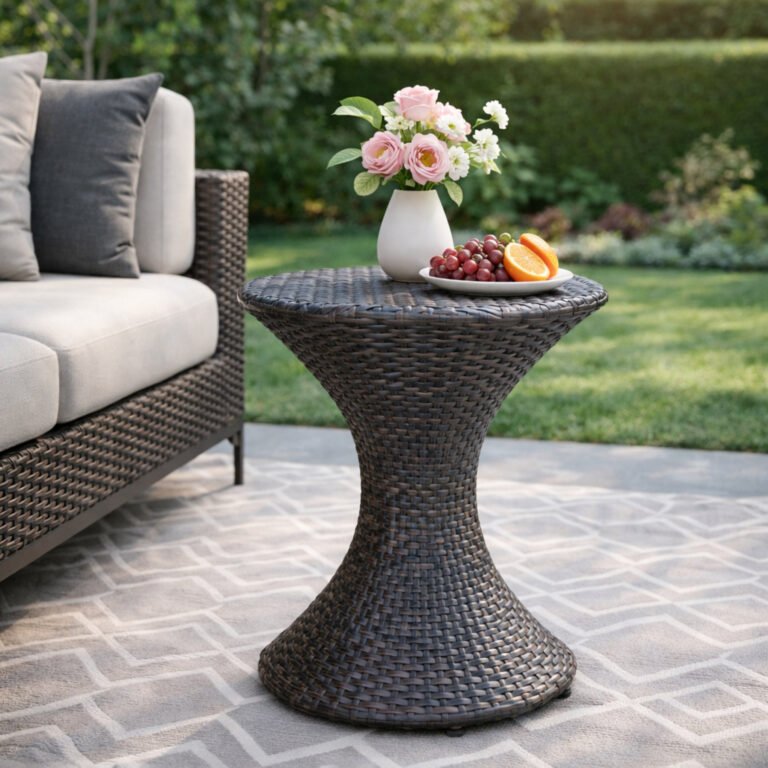 A lifestyle scenic view of the slim hourglass brown wicker outdoor end table placed next to a matching rattan sofa, holding a fresh fruit platter and a beautiful flower vase.