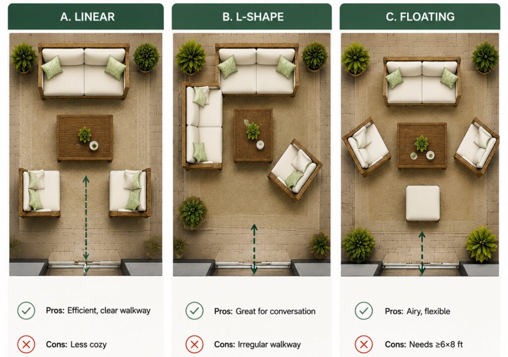3 popular 4-piece patio furniture layouts for small outdoor spaces
