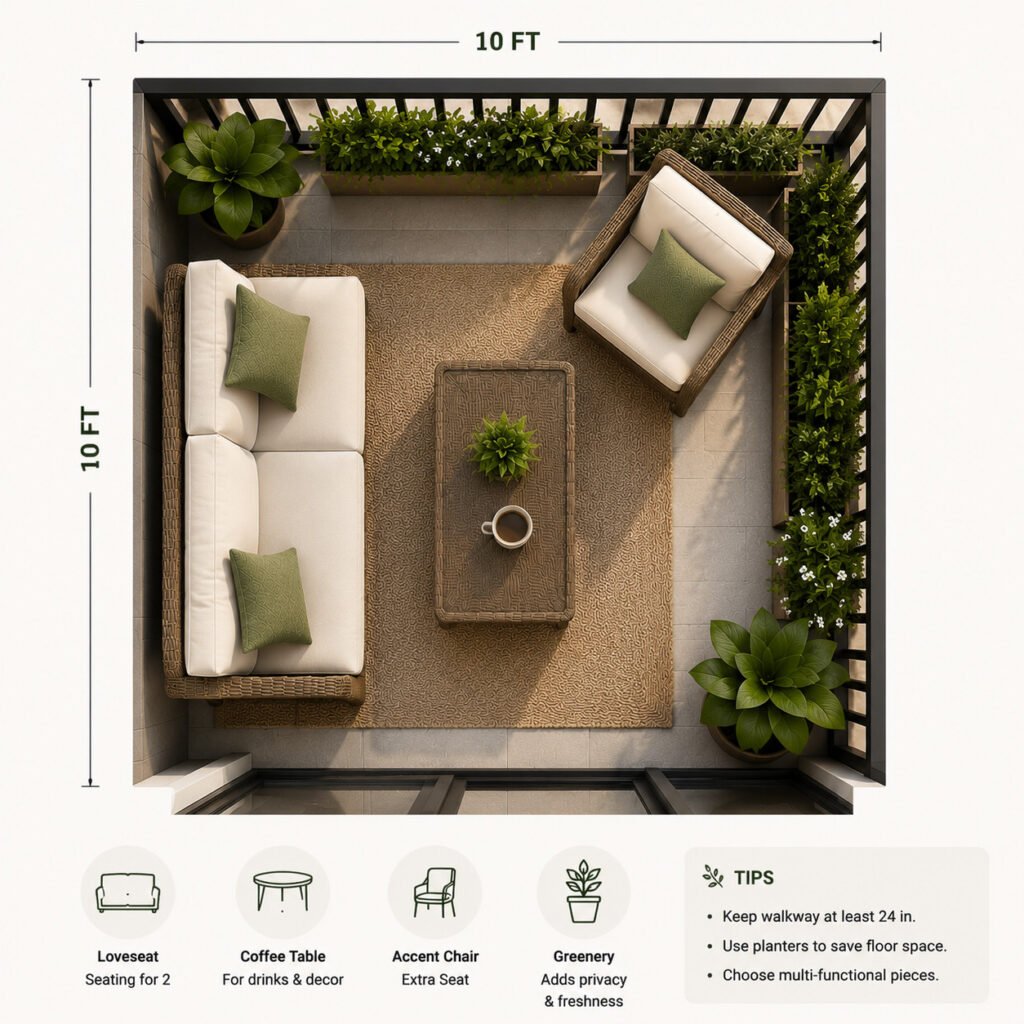 Top-down view of a 10x10 ft balcony with PE rattan loveseat, two chairs, and coffee table, showing main walkway and spacing.
