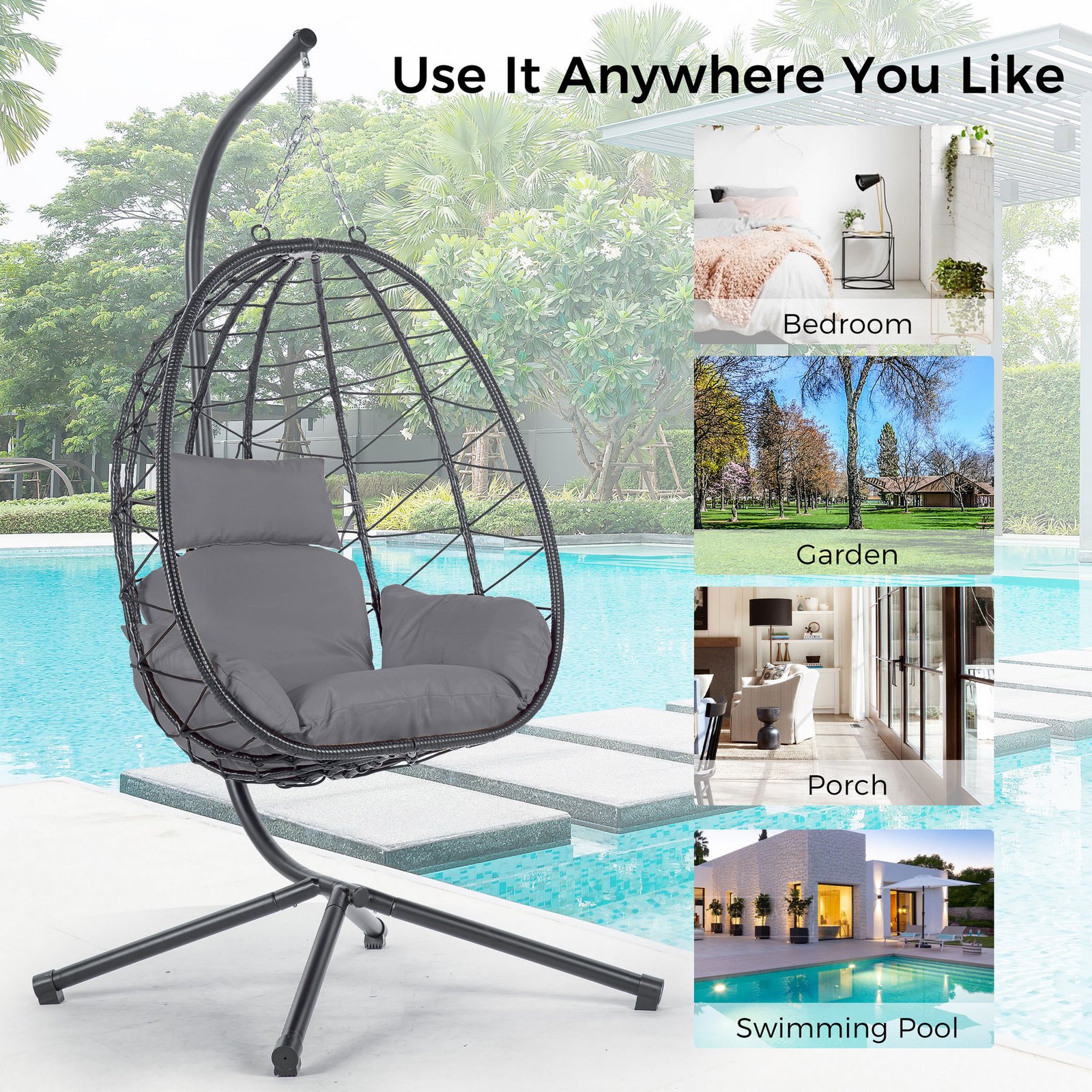 A product infographic of the all-weather wicker hanging egg chair with text "Use It Anywhere You Like," showcasing its versatility in the bedroom, garden, porch, and swimming pool.