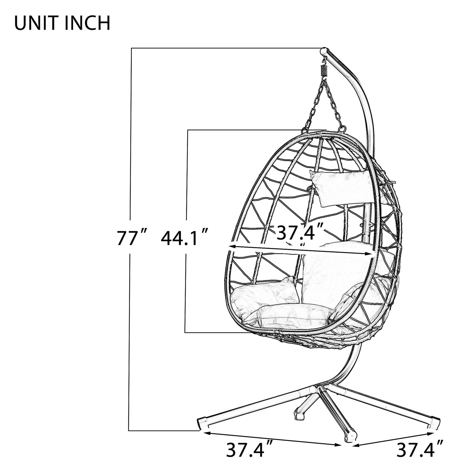 A detailed dimensions chart of the wicker hanging egg chair with stand, showing the exact height, width, and depth specifications for a perfect fit.