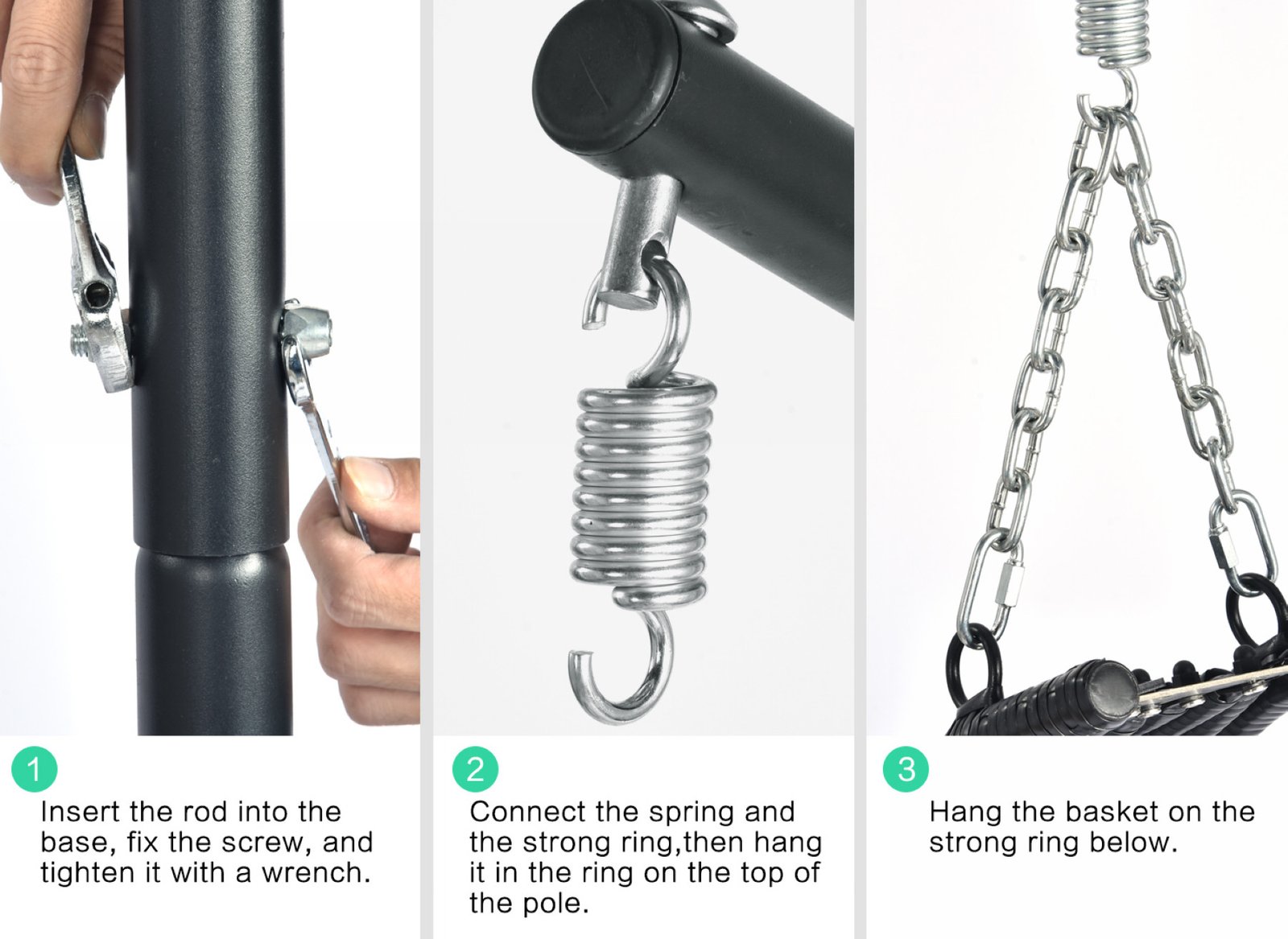 An easy 3-step assembly guide infographic for the wicker hanging egg chair, showing text instructions for connecting the rod to the base, attaching the spring to the top pole, and hanging the basket securely.