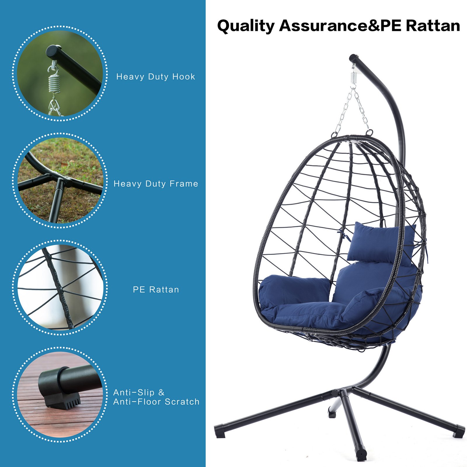 A quality assurance infographic of the wicker hanging egg chair with text callouts highlighting its heavy duty frame, heavy duty hook, premium PE rattan, and anti-slip, anti-floor scratch base.