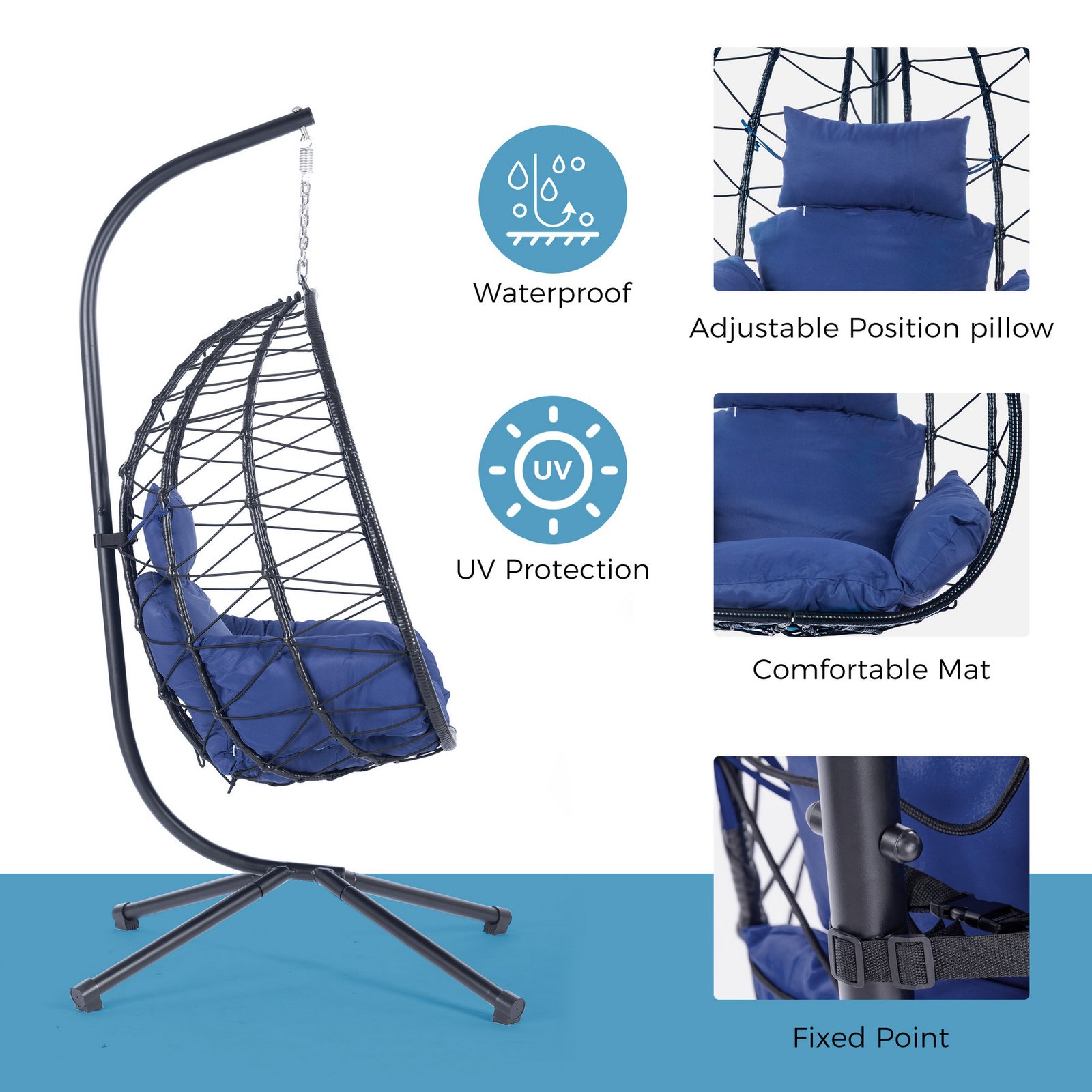 A product detail infographic of the wicker hanging egg chair showing side views and closeups, with text highlighting its waterproof fabric, UV protection, comfortable mat, adjustable position pillow, and secure fixed point.
