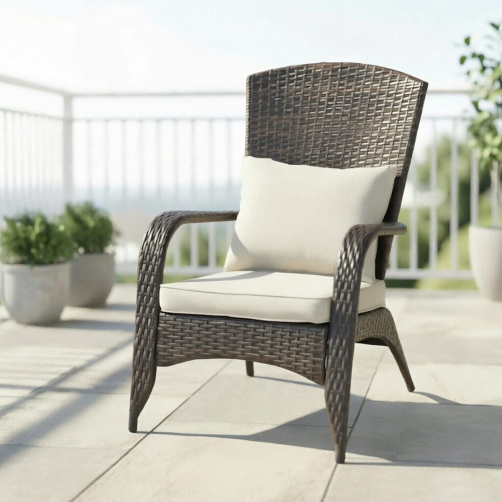 Front view of a brown wicker patio accent chair with plush beige seat and back cushions on a sunny front porch.