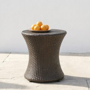 A wide hourglass-shaped wicker outdoor end table in a classic brown finish, showcasing its hand-woven tapered design and spacious circular top.