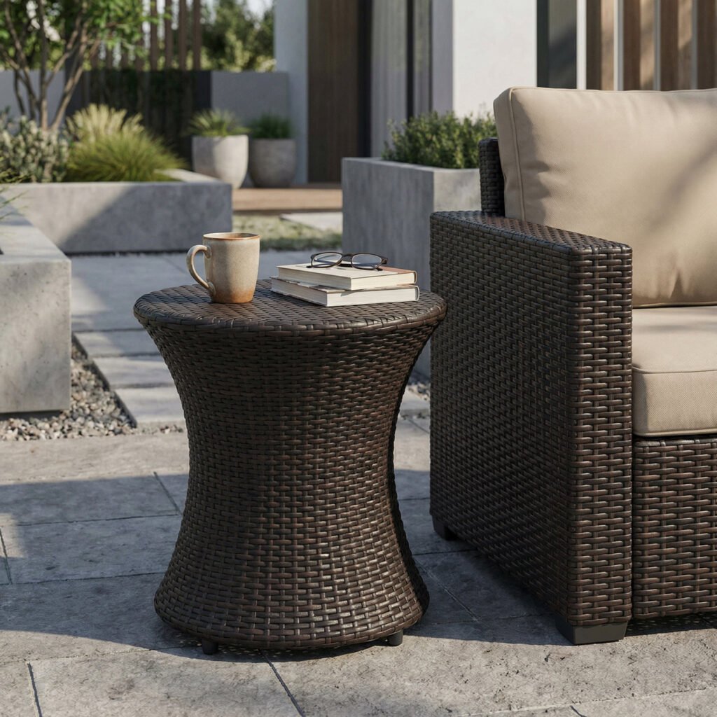 A lifestyle scenic view of the wide hourglass brown wicker outdoor end table placed next to a patio sectional sofa, holding open books and a coffee cup on top.